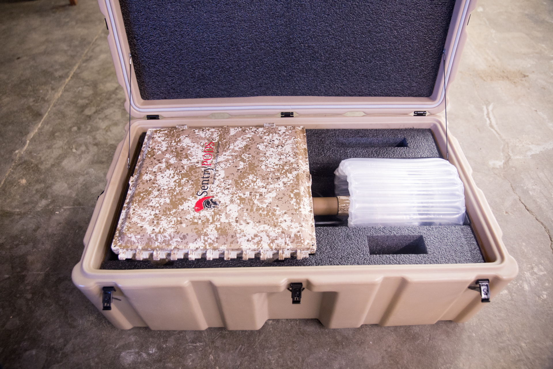 SentryPODS surveillance equipment secured inside a ruggedized transport case
