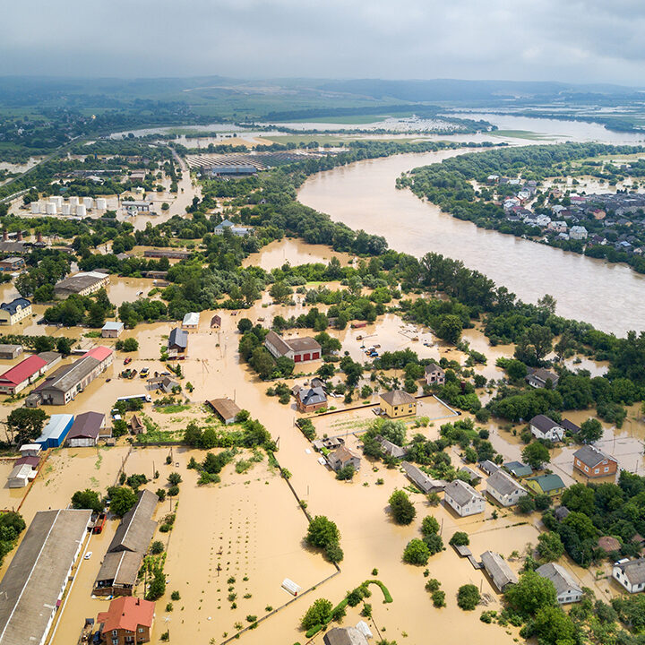 Aerial view of flooded houses with dirty water of Dnister river in Halych town, western Ukraine.